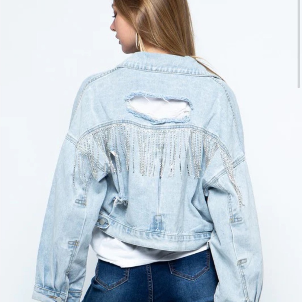 BLUE B FRINGE RHINESTONE DISTRESSED DENIM JACKET